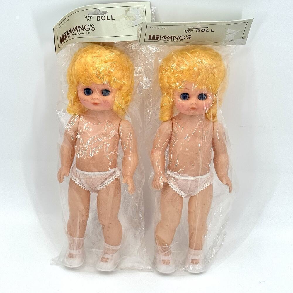 2 Vintage Wangs Plastic Crafting Dolls 13” Vinyl Blonde Hair Blue Sleepy Eyes